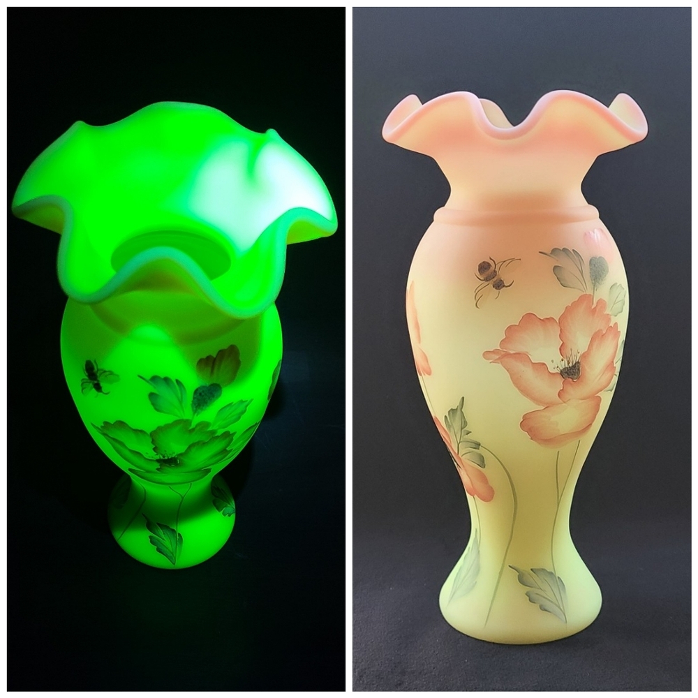 Fenton Vintage Burmese Uranium "Lets Bee Burmese Vase"